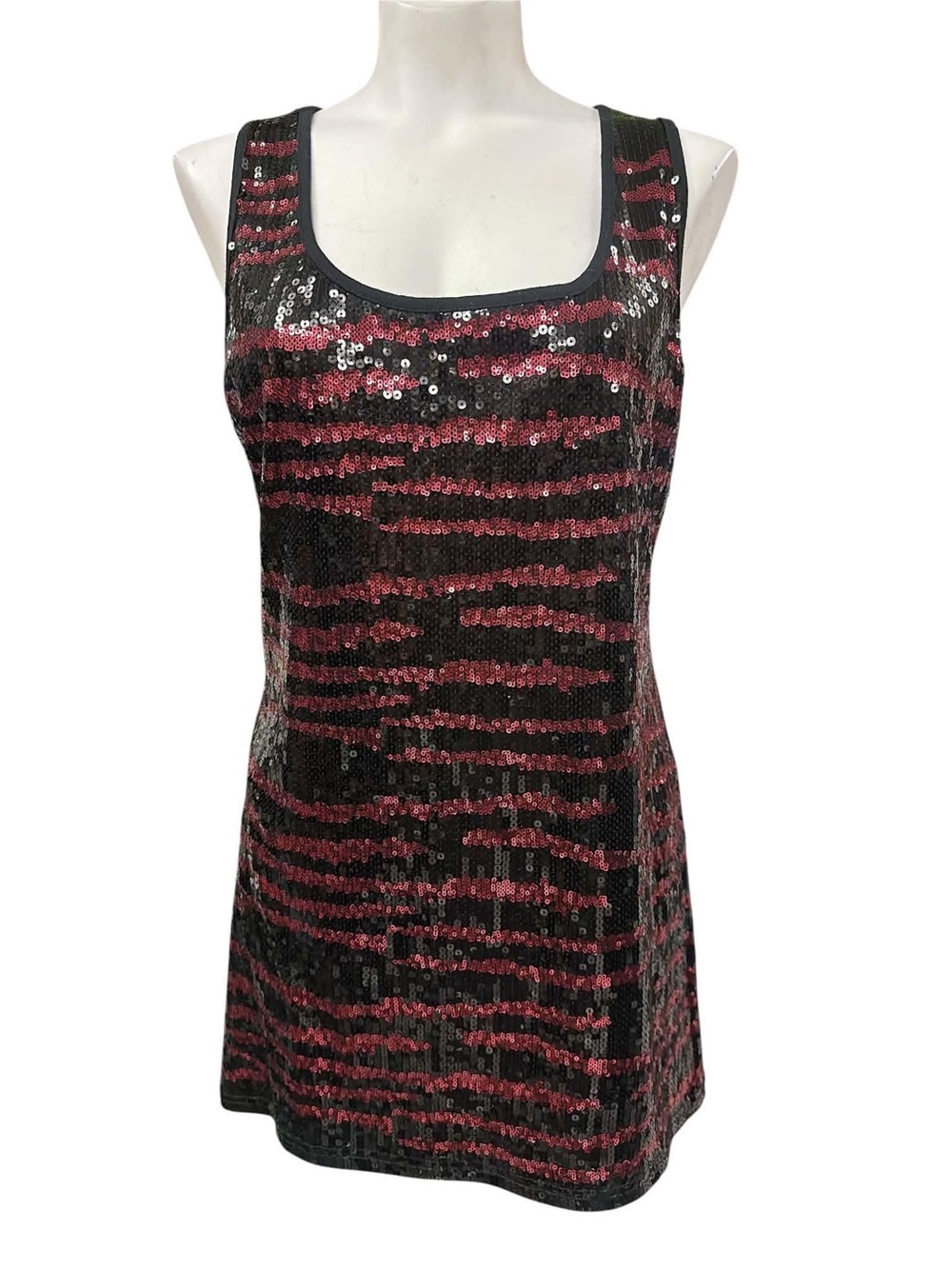 Candy Couture Sleeveless Sequin Tank Top - Black & Burgundy Stripe Size XL
